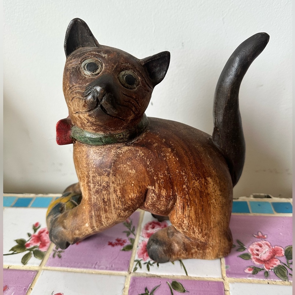 Handcrafted Rustic Wooden Siamese Cat Figurine - Brown and Black